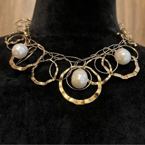 Gold Tone Costume Necklace Pearl Like Circle Links Layers of Circles - Picture 4 of 9